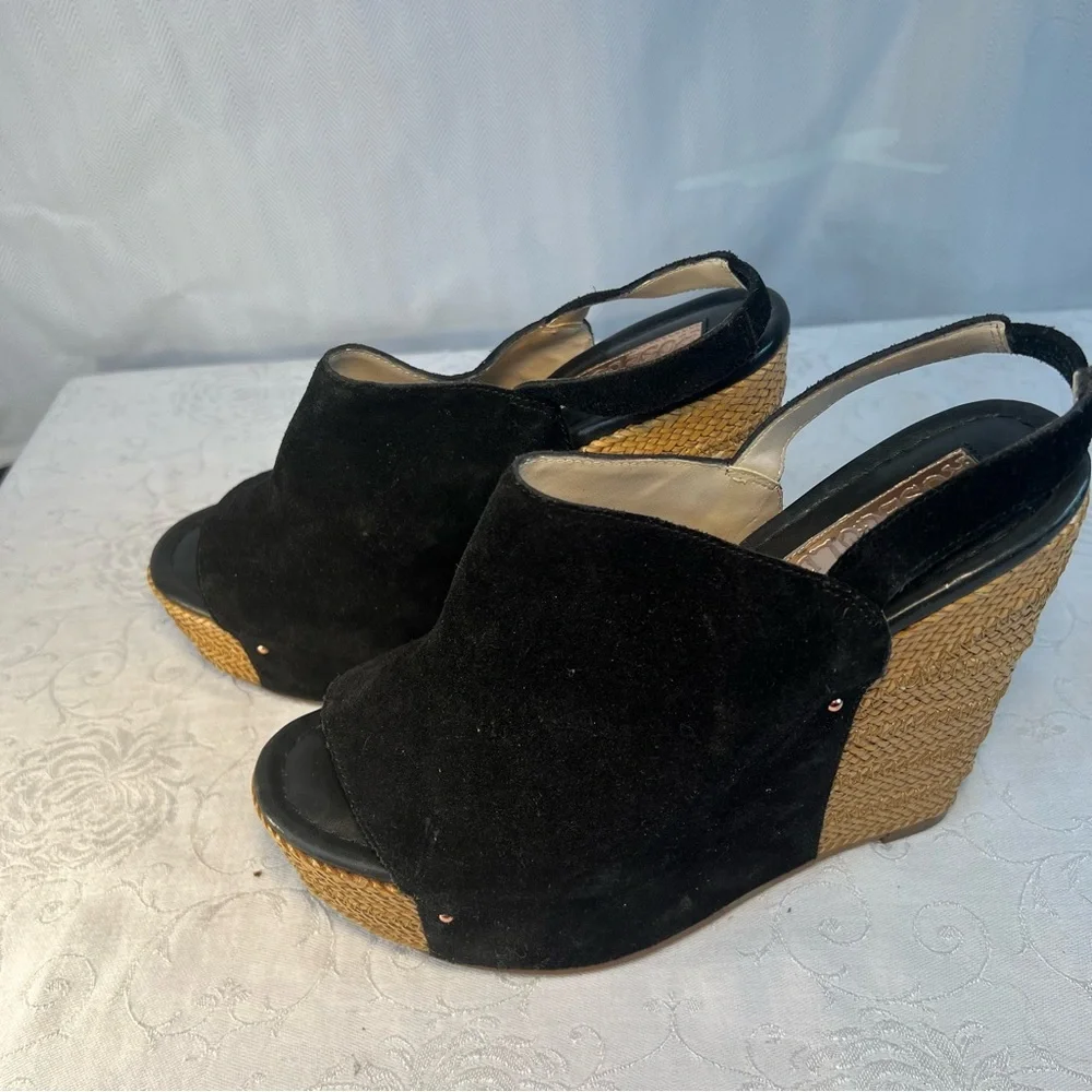 Rose Gold Shoes Lars Black Suede Peep Toe Woven 5” Wedge Heel Strap 37.5/7